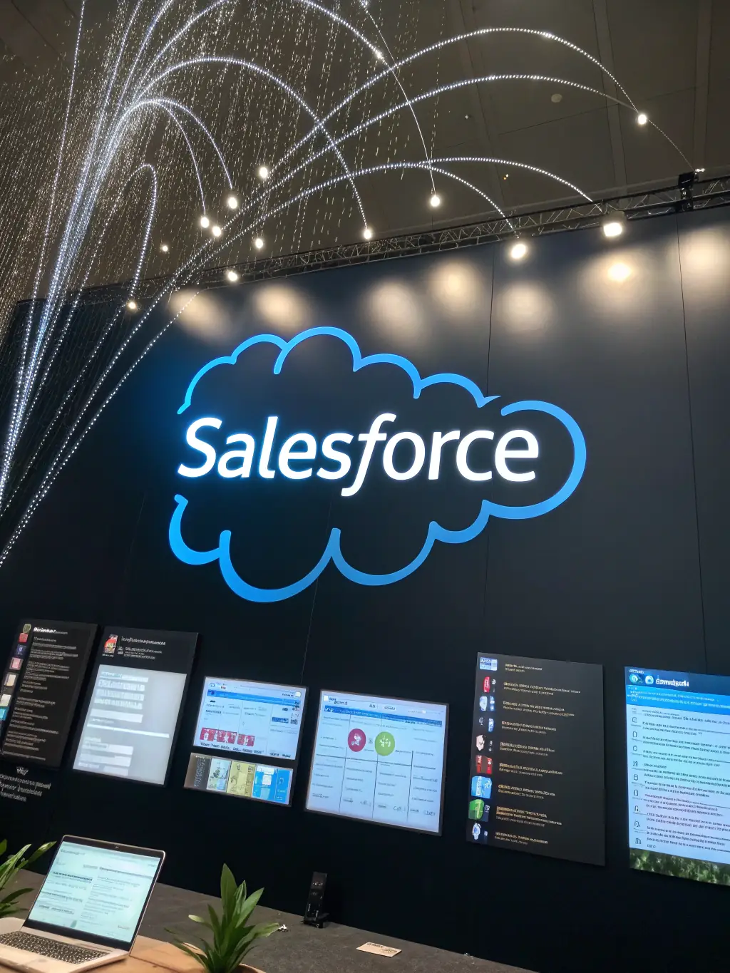 Abstract cloud formation with Salesforce logo subtly embedded, using the brand's primary color (#004080) to emphasize the platform's role in customer relationship management.