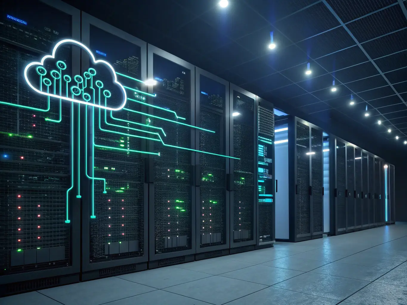 An abstract image representing cloud computing, with interconnected servers and data streams, symbolizing scalability and accessibility.